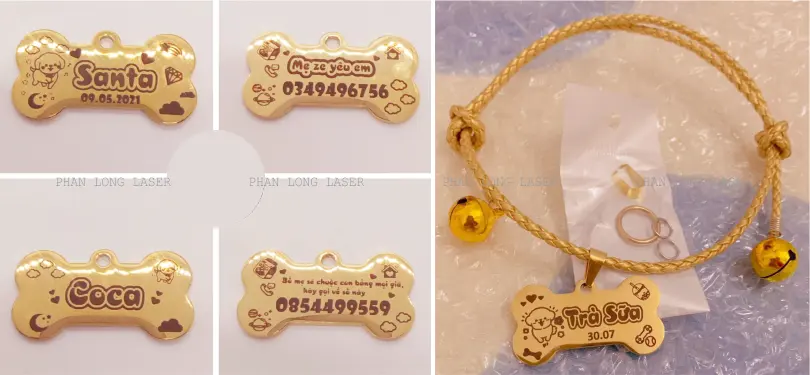 Thẻ tên thú cưng pettag bằng inox mạ vàng khắc laser